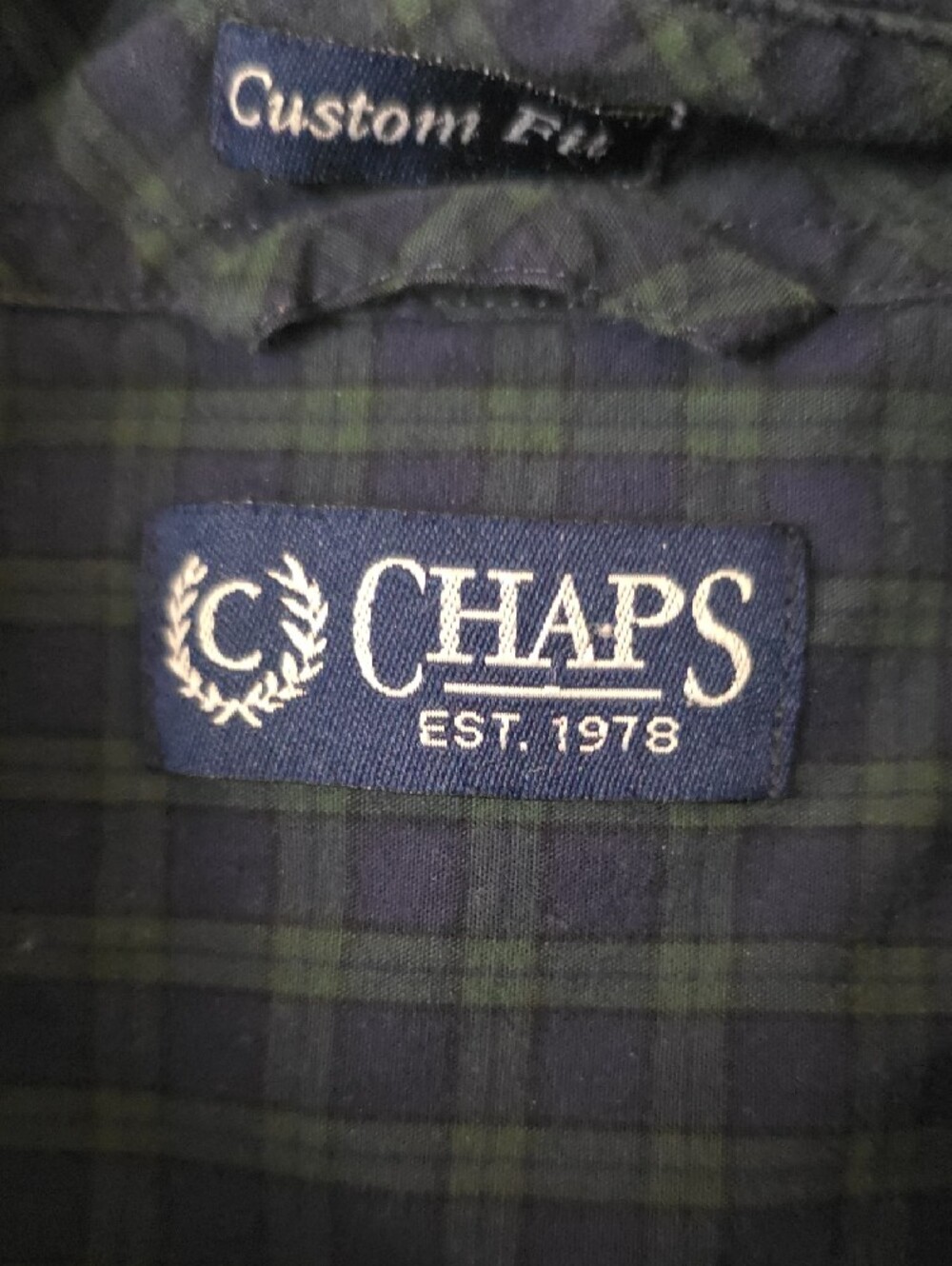 Chaps Men’s Navy and Green Plaid Button-Down Shirt - Picture 2 of 4